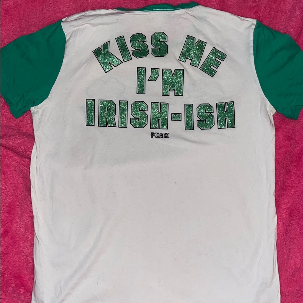 PINK Victoria's Secret Green and White Long Sleeve Tee